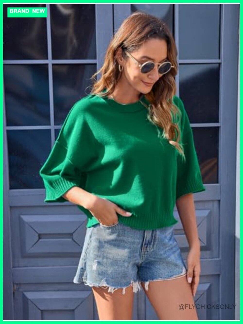Womens Cropped Sweater 3/4 Sleeve Oversized Loose Fit Knit Pullover Top